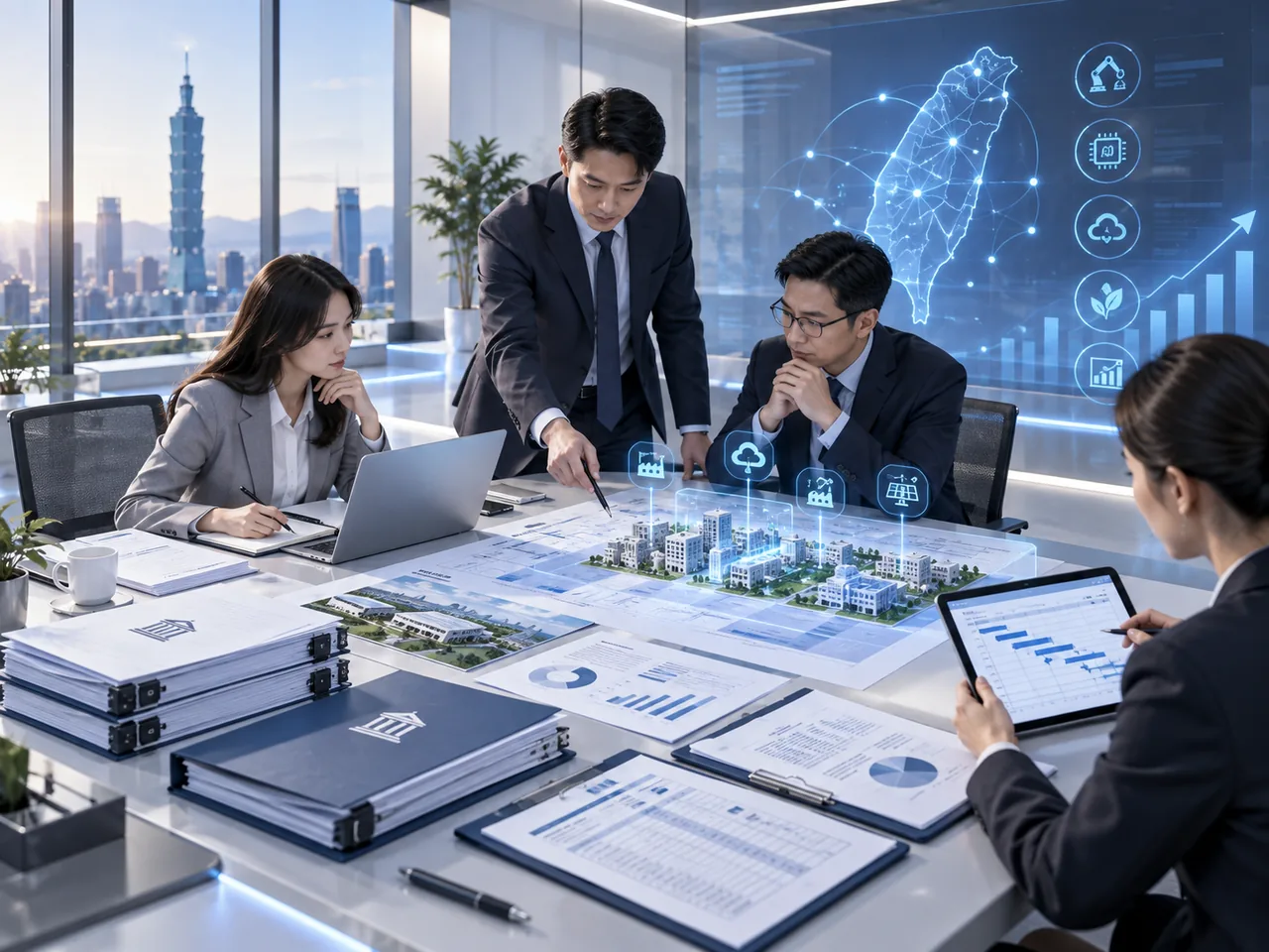 企業人員進行專案文件與補助規劃討論的 AI 情境示意